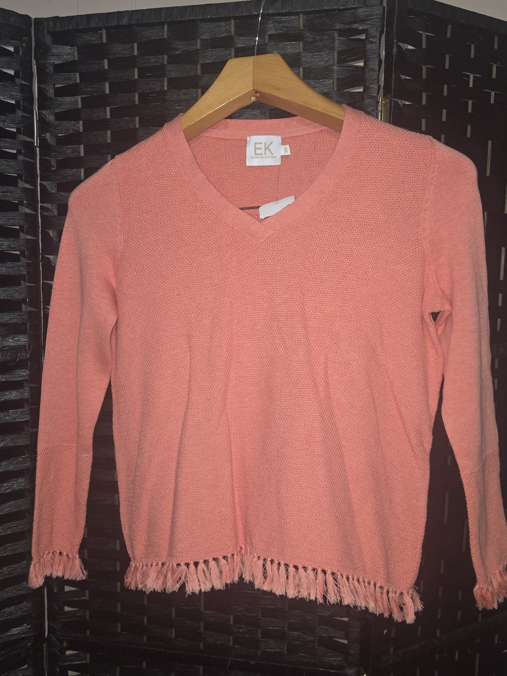 Edinburgh Knit Coral Pink V-Neck Fringed Hem 100% Pima Cotton Womens Sweater NWT
